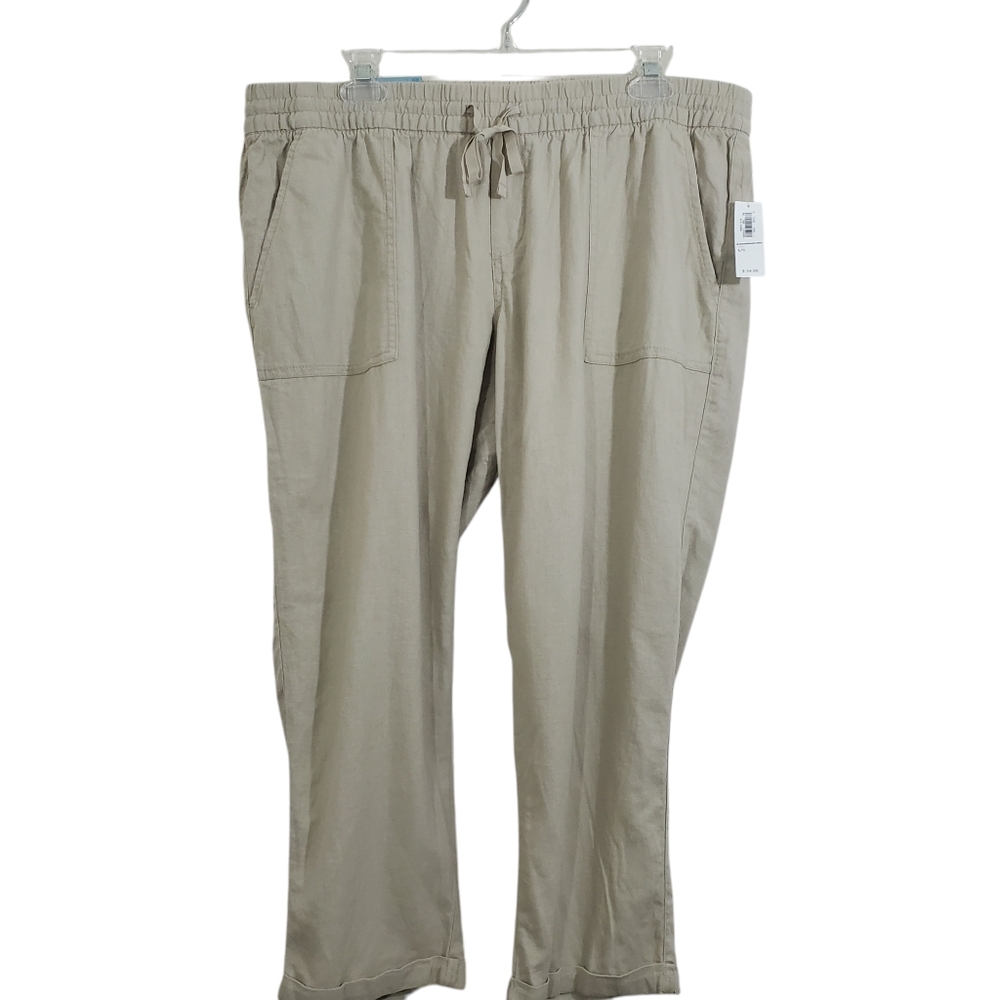 NWT Old Navy Crop Linen Blend Pants Stone Beige Beachy Boho Pull On Size Large